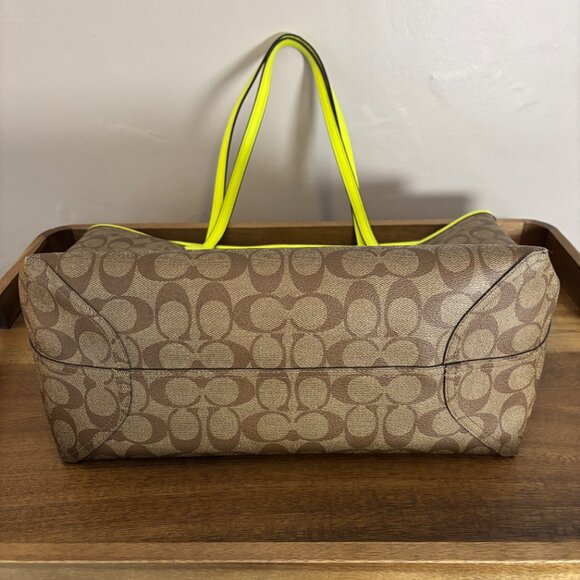 Coach Brown Signature Canvas Neon Lime Green Neon Glo Yellow City Tote - Picture 7 of 10